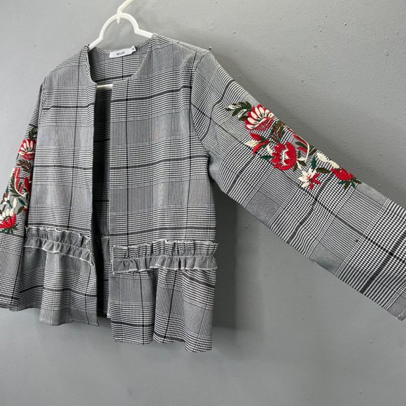 Mulaya Open Front Blazer Jacket M Black Plaid Peplum Embroidered Floral Sleeves - Picture 5 of 10